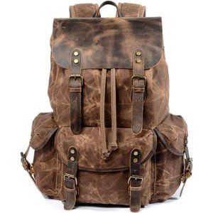 Leather Backpack for Men Waxed Canvas Shoulder Rucksack Carry-On Travel Backpack